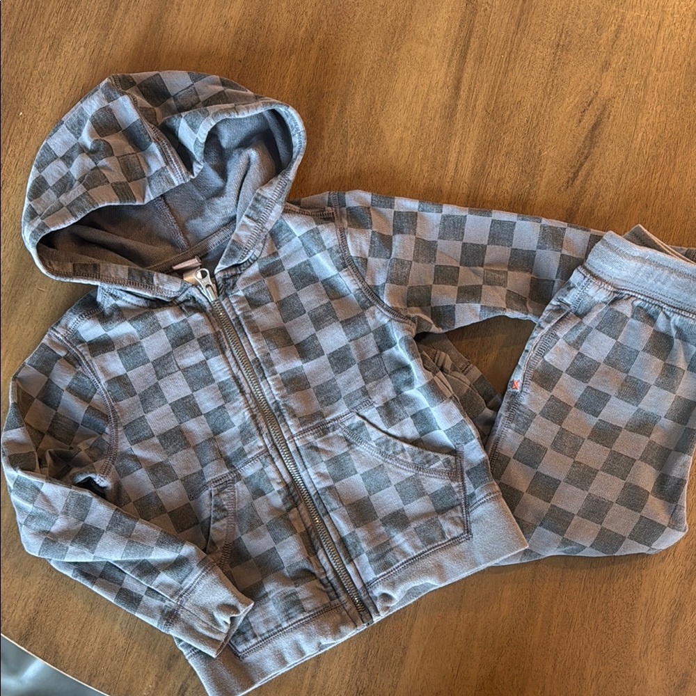 Kids Checkered Hoodie and Pants Set - Gray